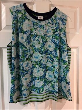 CAbi 6731. Blue and Green Floral Stripe-Trim Tank NWOT